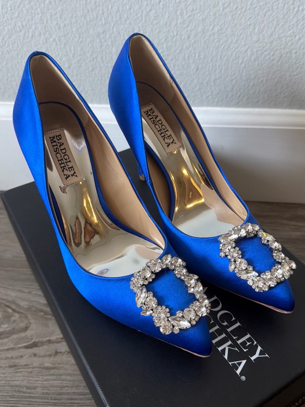 Badgley Mischka Cobalt Blue Satin Pointed-Toe Pumps with Crystal Buckle